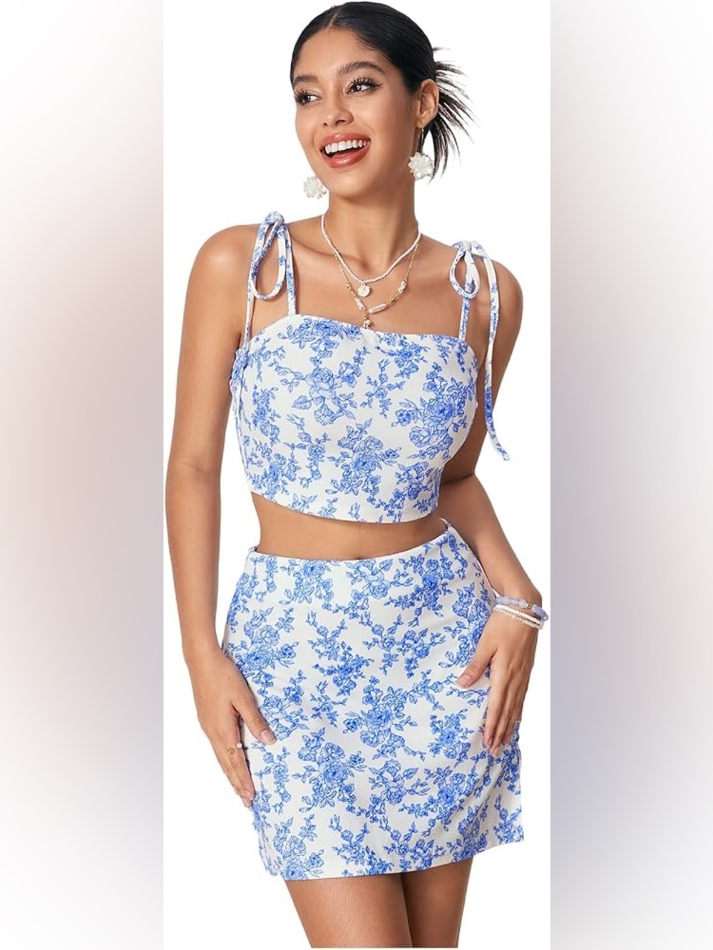 WDIRARA Blue White Floral 2 Piece Tie Strap Crop Top Mini Skirt Set Small